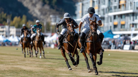 This dynamic image captures the thrilling action of a polo match, showcasing skilled riders and their powerful horses racing on a lush green field during a vibrant outdoor event.の素材