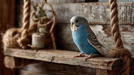 A delightful blue budgerigar calmly sits on a weathered wooden shelf, surrounded by natural elements. This serene scene captures the essence of companionship and tranquility in indoor settings.の素材