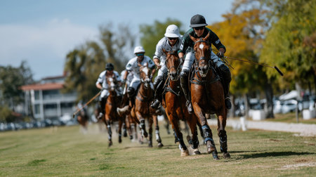 A captivating scene of a polo match featuring skilled players and their agile horses competing on a grassy field under clear skies. Witness the spirit of teamwork and athleticism.の素材