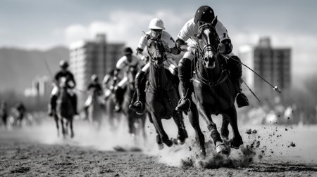 A dynamic black and white photograph of a thrilling polo match, showcasing riders in intense pursuit, embodying speed and athleticism on the field.の素材