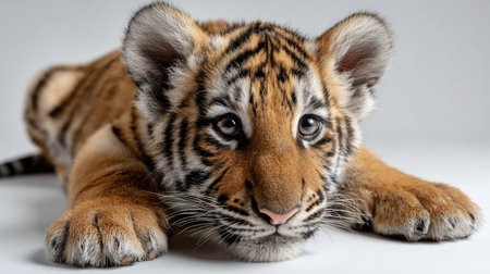 This detailed close-up shot captures a young tiger cub with striking stripes and bright eyes. The charming expression showcases the beauty of wildlife.の素材