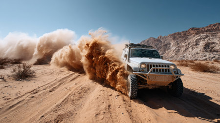 A thrilling off-road vehicle kicks up clouds of dust while navigating through a sandy desert landscape under a bright blue sky, showcasing adventure.の素材
