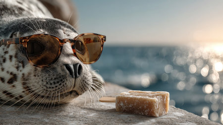 A charming seal lounges by the ocean, wearing stylish sunglasses and lounging next to a popsicle. The scene captures a playful summer moment filled with joy.の素材