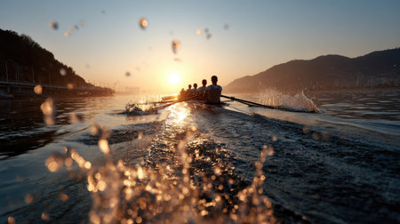 A team of rowers glides through calm water at sunset, capturing the beauty of sport and nature. This scene features splashes and silhouettes against a golden horizon.の素材