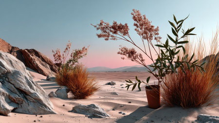 A tranquil desert scene featuring potted plants alongside natural rocks, illuminated by warm sunset hues that create a serene atmosphere.の素材