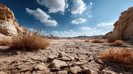 A stunning view of a vast arid desert landscape features dry cracked earth and sparse vegetation beneath a bright sky filled with fluffy clouds.の素材