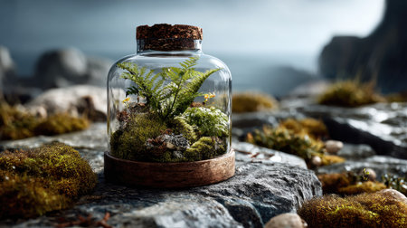 This enchanting terrarium captures a miniature ecosystem, featuring vibrant green plants like ferns and moss, set on a rocky surface. Ideal for nature lovers.の素材