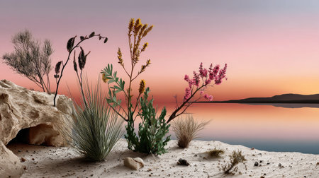 This stunning image captures a serene desert landscape featuring vibrant flora against a calm water body reflecting the colorful sunset. Perfect for nature lovers.の素材