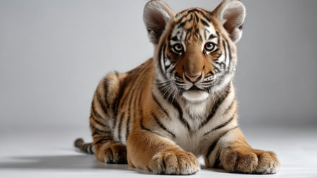 This captivating image showcases a playful baby tiger cub with striking stripes and expressive eyes, perfectly posing in a studio environment.の素材