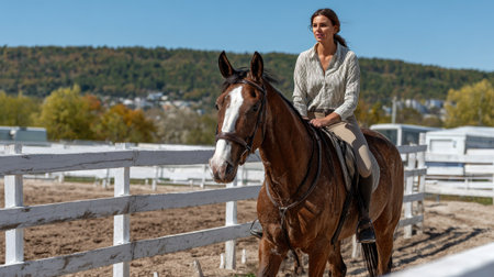 A woman enjoys a joyful ride on her horse in an equestrian arena, highlighting the bond between rider and animal against a beautiful backdrop.の素材