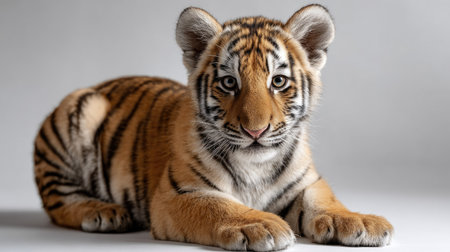 Adorable young tiger cub showcases its unique stripes and fierce yet playful personality against a soft light background, ideal for wildlife enthusiasts.の素材