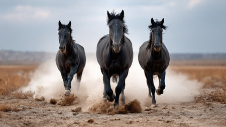 Three powerful black horses gallop through a dusty terrain, their hooves kicking up clouds of dirt, showcasing the beauty and energy of nature in a dramatic setting.の素材