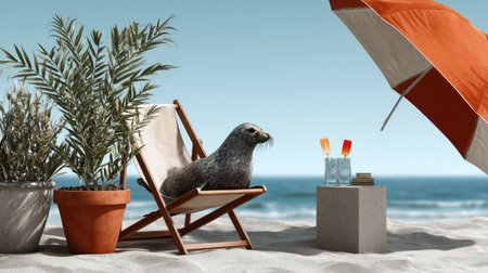A playful seal relaxes on a beach chair under a vibrant umbrella, surrounded by lush greenery and refreshing drinks, capturing the essence of summer relaxation.の素材