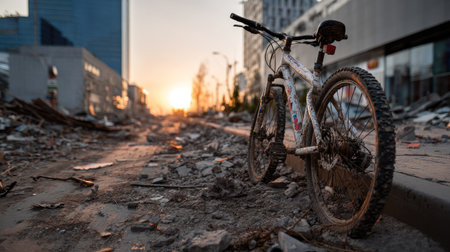 A lone, abandoned bicycle rests on a rubble-strewn street as the sunset casts a warm glow, creating a stark contrast with the urban decay around.の素材