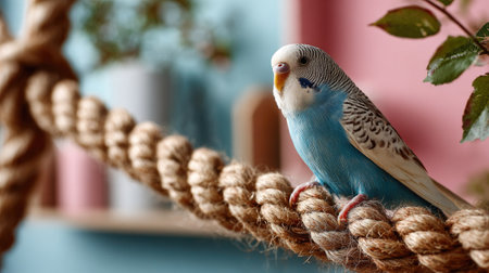 A vibrant budgerigar perched on a thick rope in a cozy indoor setting, framed by soft colors and greenery, conveying joy and serenity in a home environment.の素材