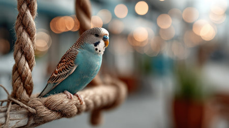 A vibrant budgerigar sits gracefully on a rope swing, set against a beautiful bokeh background that enhances the serene atmosphere of joy and companionship.の素材