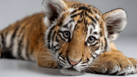 A captivating close-up image of a young tiger cub displaying its unique fur pattern and expressive eyes, illustrating the charm and innocence of wildlife.の素材