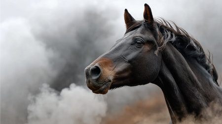 A captivating portrait of a dark horse's head set against a misty, smoky background. This serene image showcases the beauty and strength of the equine, evoking a sense of calm in nature.の素材