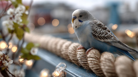 A charming blue budgerigar resting on a textured rope candidly captures the essence of serenity, surrounded by delicate blossoms and soft warm lights.の素材