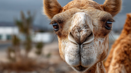 This striking image features a close-up portrait of a curious camel, showcasing its unique facial features and expressive eyes against a blurred desert background.の素材
