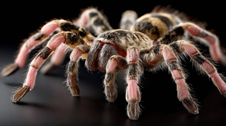 A striking close-up of a tarantula spider showcasing its vibrant coloration and fine details. This image captures the spider's unique textures and anatomy against a dark background, emphasizing the beauty of wildlife.の素材