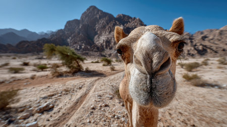 This stunning close-up captures a curious camel standing in a sunlit desert landscape, framed by majestic mountains and a clear blue sky.の素材