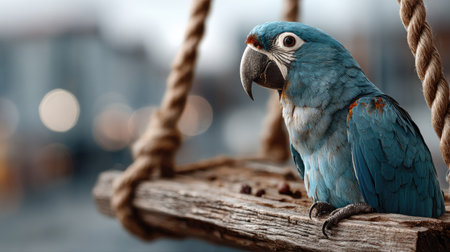 A stunning blue macaw perched on a rustic wooden swing, showcasing its brilliant feathers in a serene outdoor setting with a soft, blurred background.の素材
