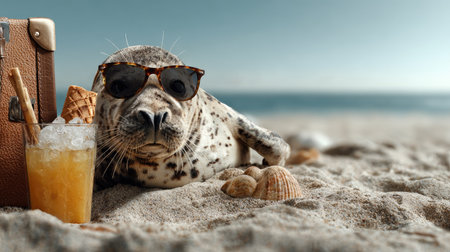 A charming seal lounging on the sandy beach, wearing stylish sunglasses. Next to it, a refreshing drink and ice cream cone create a playful summer scene.の素材
