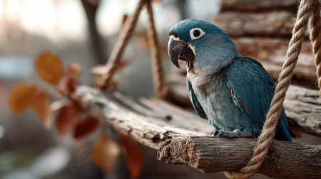 A stunning blue parrot perched on a rustic wooden swing, surrounded by soft sunlight and natural elements, showcasing its vibrant feathers and unique features.の素材