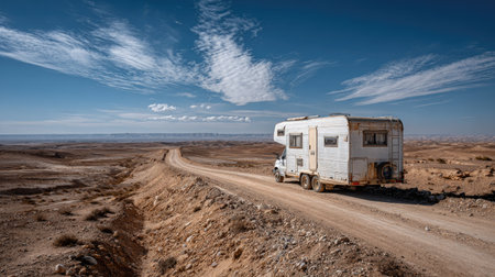 A beautiful scene capturing a vintage camper parked on a dusty desert road, surrounded by expansive arid landscapes and a clear blue sky with wispy clouds.の素材