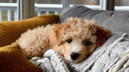 This endearing fluffy puppy showcases a peaceful moment of relaxation on a cozy blanket, embodying warmth and charm in a serene indoor environment.の素材