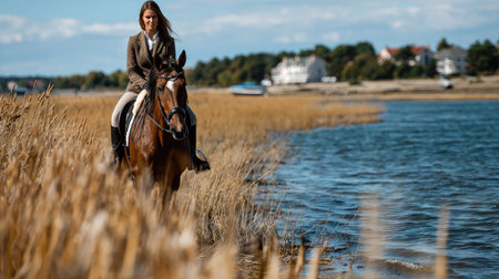 A confident woman riding a horse along a tranquil waterside, surrounded by golden reeds and under a clear blue sky, signifies adventure and freedom.の素材
