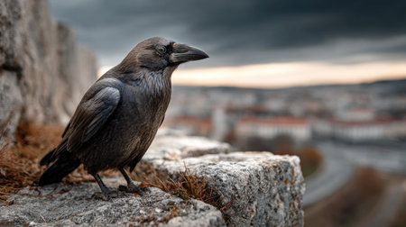 A majestic raven stands on a rugged stone wall, blending with its dramatic surroundings. The scene captures the essence of nature at dusk, with a soft light illuminating the bird's features against a moody sky and distant cityscape. Perfect for wildlife and nature enthusiasts.の素材