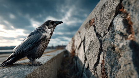 A striking black raven perches thoughtfully on a weathered stone wall, set against a dramatic and moody sky. The scene captures nature's elegance.の素材