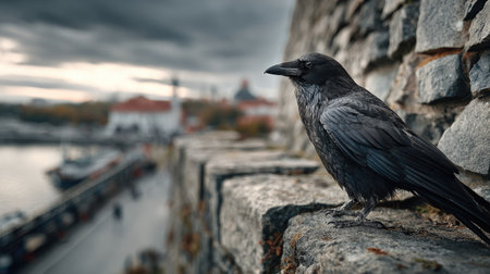 A solitary raven stands on an ancient stone wall, gazing over a beautiful harbor scene, surrounded by soft-focus clouds and tranquil waters.の素材