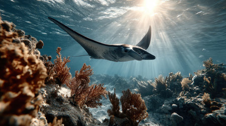 Capture the beauty of a manta ray gracefully swimming through a sunlit coral reef. This stunning underwater scene showcases vibrant marine life and shimmering rays penetrating the ocean surface.の素材