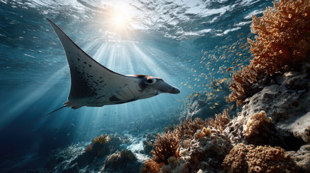 A breathtaking view of a manta ray gracefully navigating through crystal-clear ocean waters, illuminated by radiant sunlight and surrounded by vibrant coral formations.の素材