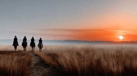 Four cowboys on horseback silhouette against a stunning sunset in an open field, creating a serene and tranquil mood perfect for nature lovers.の素材