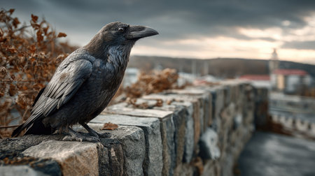 A striking image of a raven perched on a sturdy stone wall, surrounded by a serene landscape and dramatic cloudy sky, showcasing nature's beauty.の素材