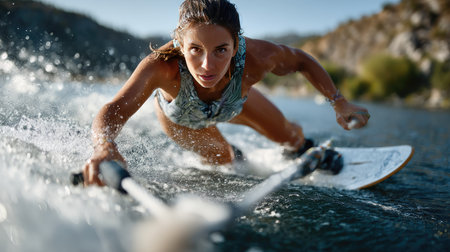 A captivating image of a female water skier in mid-action, showcasing incredible skill and determination as she carves through the shimmering blue water.の素材