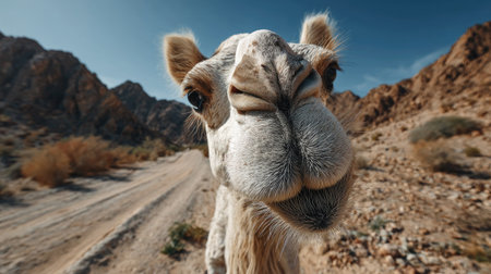 This captivating close-up of a camel showcases its unique features against a stunning desert backdrop, highlighting the tranquility of wildlife in nature.の素材