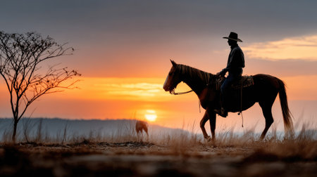 A striking silhouette captures a cowboy riding his horse against a vibrant sunset sky. This tranquil scene illustrates the beauty of nature and freedom.の素材