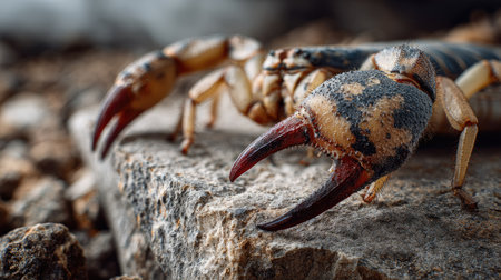 A stunning close-up photograph capturing the intricate details of a scorpion's claws on a rocky surface, highlighting its natural habitat and unique features.の素材