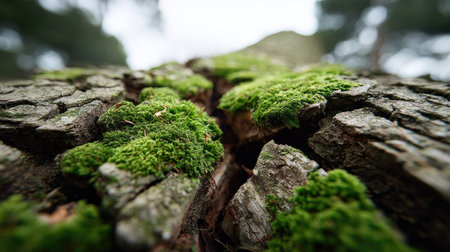 This close-up image captures vibrant moss growing on the textured bark of a tree, set against a softly blurred forest backdrop, showcasing nature's beauty.の素材