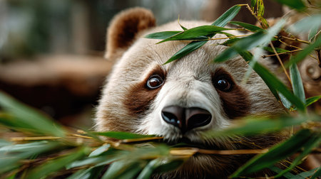 A captivating close-up of a cute panda with big, expressive eyes peeking through bamboo leaves, highlighting the charm and beauty of wildlife in its natural habitat.の素材