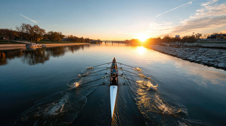 A rowing team practices on a tranquil river at sunrise, showcasing their synchronized movements. The serene waters reflect the vibrant sky, creating a harmonious scene.の素材
