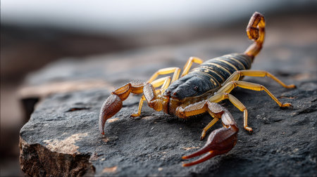 A detailed close-up image of a yellow scorpion resting on a rocky surface, showcasing its unique anatomy and natural habitat in a soft-focus background.の素材