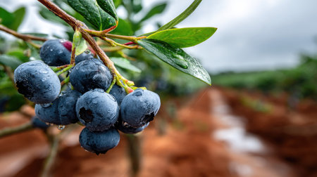 Close-up view of ripe blueberries clinging to a branch, adorned with glistening water droplets, showcasing their freshness in a lush farm environment.の素材
