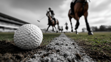 A close-up view of a single golf ball resting on the grass, with polo players and horses blurred in the background, capturing the essence of sport and competition.の素材