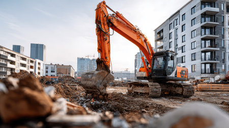 An excavator works diligently on a construction site, showcasing heavy machinery at work amid an evolving urban landscape. The image captures a modern development project in progress.の素材